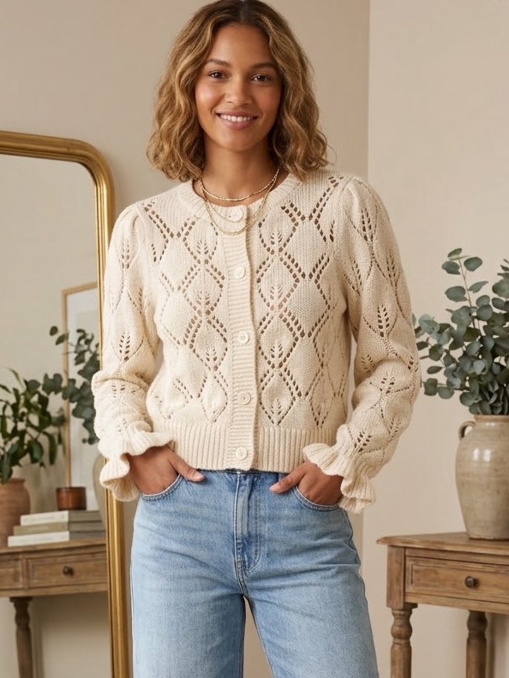 ASTR Anthropologie Cream Openwork Knit Button-Front Cardigan